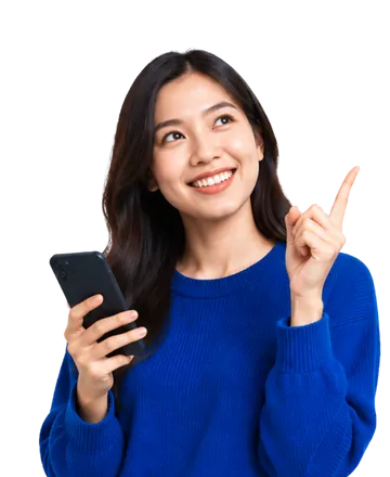 Wanita menemukan promo baru di ponselnya sambil menunjuk ke atas.